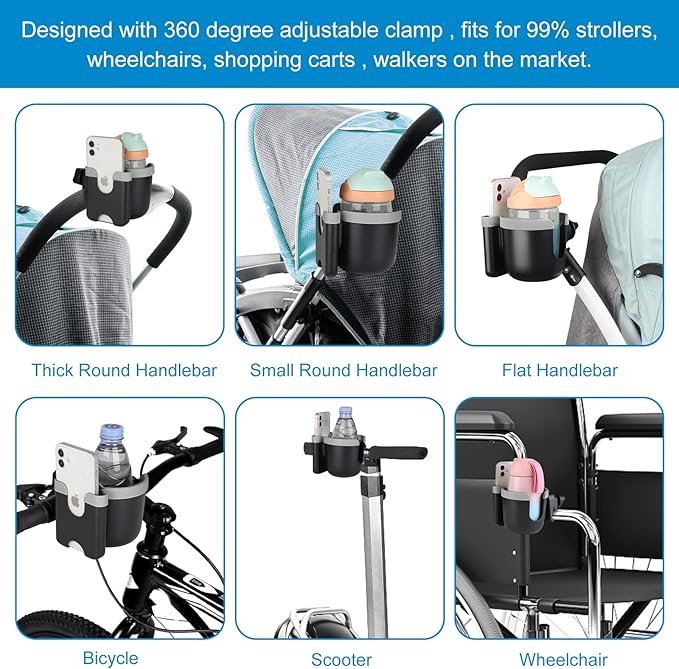 Accmor Stroller Cup Holder with Phone Holder, Bike Cup Holder, Universal Cup Holder for Uppababy Nuna Doona Strollers, 2-in-1 Cup Phone Holder for Stroller Bike Accessory