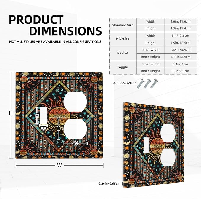 Decorative Outlet Covers Boho Burning Sun Moon Hippie Retro Bohemian Gypsy 2 Gang Wall Plate Double Duplex Light Switch Cover Switch Plate Covers Faceplate for Bedroom Decor