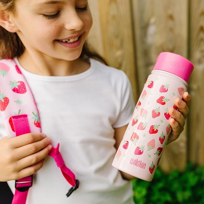 Wildkin Kids 18oz Stainless Steel Water Bottle – BPA-Free, Leakproof, Insulated, Easy-Clean - Strawberry Patch