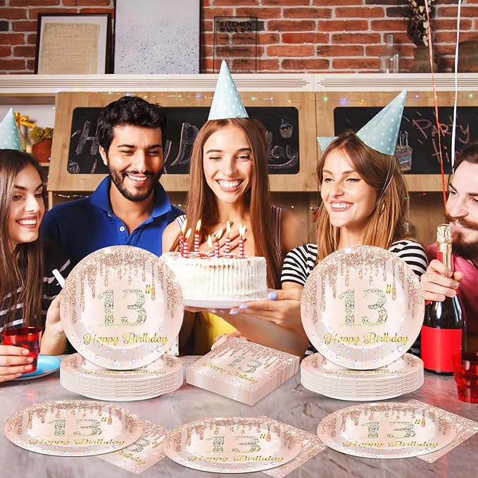 50Pcs Rose Gold 13th Birthday Party Plates and Napkins Girls Rose Gold 13th Birthday Party Decorations Happy 13th Birthday Party Tableware Set Serves 25 Guest Pink Girls 13th Birthday Party Supplies