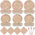 96Pcs Vintage Flower Party Supplies Spring Kraft Floral Themed Paper Plates Napkins Pink Rose Flower Party Tableware Disposable Decoration Set for Kids Birthday Baby Shower Table Decor