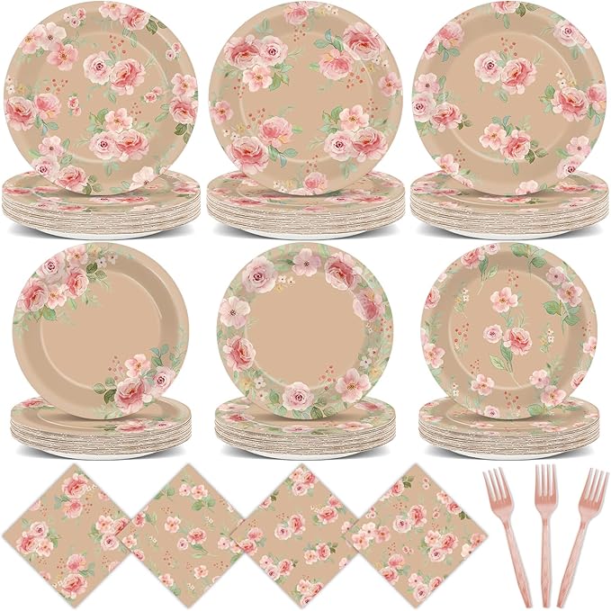 96Pcs Vintage Flower Party Supplies Spring Kraft Floral Themed Paper Plates Napkins Pink Rose Flower Party Tableware Disposable Decoration Set for Kids Birthday Baby Shower Table Decor