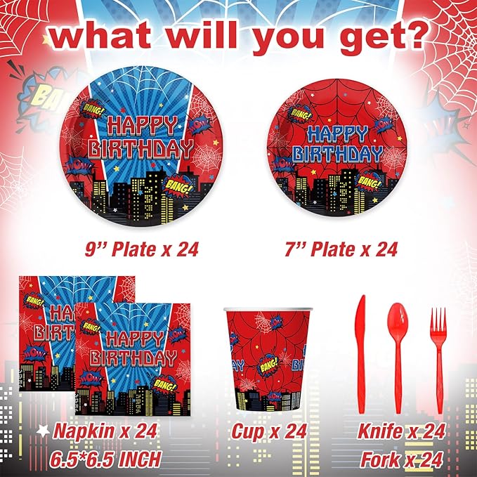 Cartoon Spider Birthday Party Supplies for Kids Child Themed Birthday Party，Red Blue Superhero Theme Party Decorations Disposable Tableware Set With Plates, Cups, Napkins & Cutlery for 24 Guests