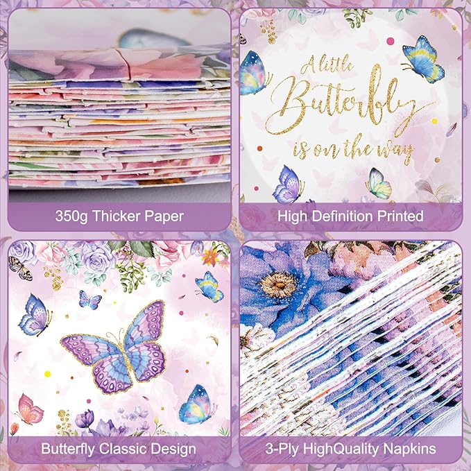 40 Pcs Butterfly Birthday Party Decorations - Purple Butterfly Plates and Napkins, Floral Paper Plates Napkins Disposable Tableware Sets for Butterflies Birthday Party Supplies Decor Favors, Serve 20