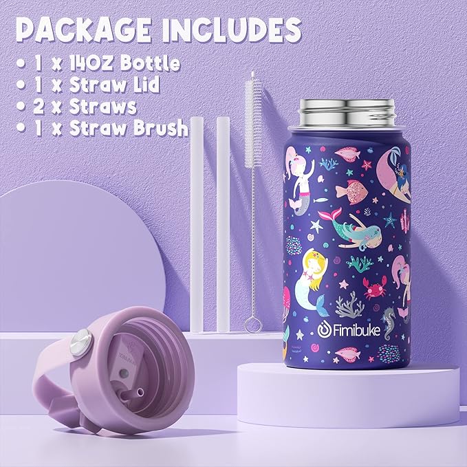 Fimibuke Kids Insulated Water Bottle, 14oz BPA FREE 18/8 Stainless Steel Travel Tumbler Double Wall Vacuum Leak Proof Kids Cup with Straw Metal Water Bottle for School Boys Girls(1 Pack, MERMAID)