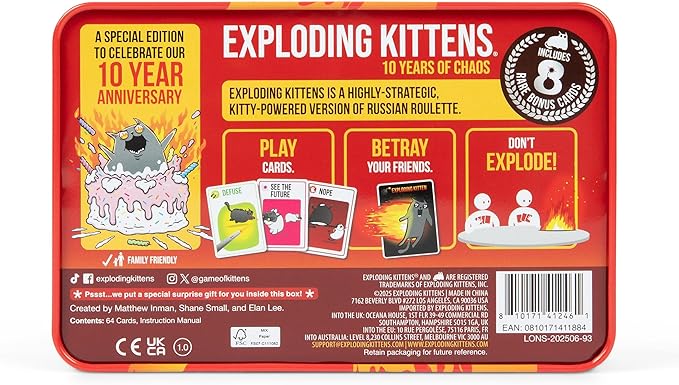 Exploding Kittens -10th Anniversary Collectible Tin (Limited Edition) – Updated with 8 Legacy Cards – Hilarious Fast-Paced Card Game for Adults and Kids, Travel Friendly, Ideal for Family Game Night