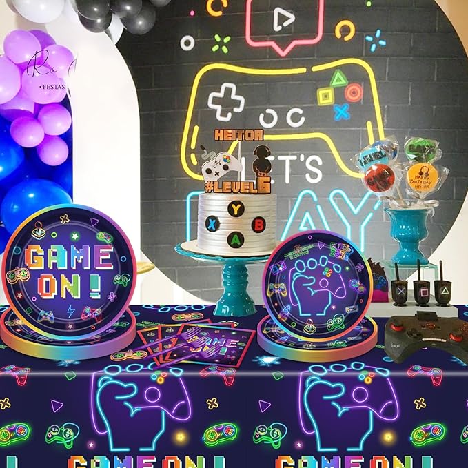 Video Game Birthday Decorations Serve 20 - 81Pcs Plates Napkins Tablecloth Forks Set for Boys Game Gaming Controller Party Supplies