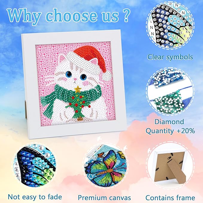 Libfx Diamond Art Kits for Kids with Frame Diamond Art for Girls Boys Beginners Arts and Crafts Ages 8-12 Birthday Gifts (Christmas Cat)