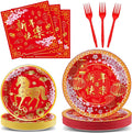 96 Pcs Chinese New Year Party Supplies Paper Plates Napkins Happy 2026 Red Gold Horse Tableware Set Spring Festival Party Plates Napkins Forks Chinese Lunar New Year Eve Decorations Serves 24