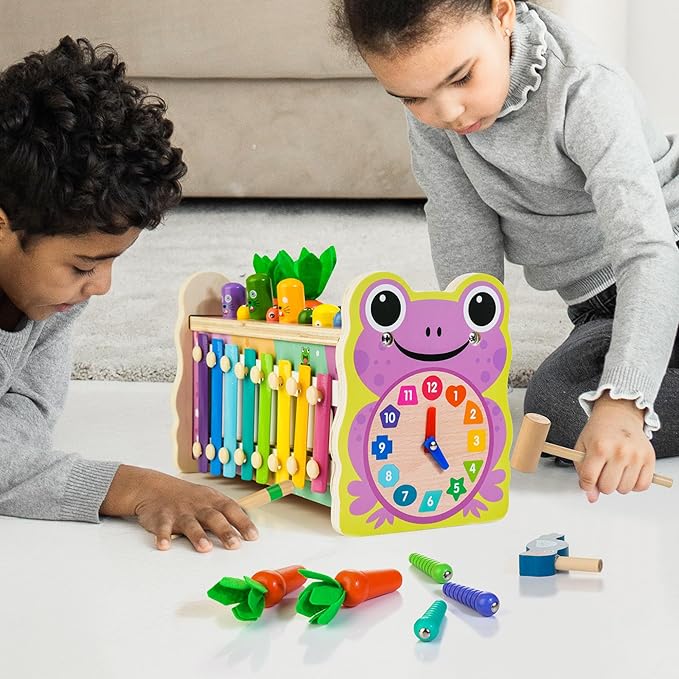 6-in-1 Wooden Montessori Toys for 1 Year Old, Mole-Tapping Game | Play the Xylophone | Frog Clock | Carrot Harvest Game | Spinning Gear, Baby Girls Toy Birthday Gift Early Learning