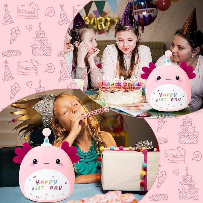 SQEQE Happy Birthday Axolotl Plush Axolotl Stuffed Animal Toy Pink Birthday Plushies Home Decor for Girls Boys Kids（8Inch