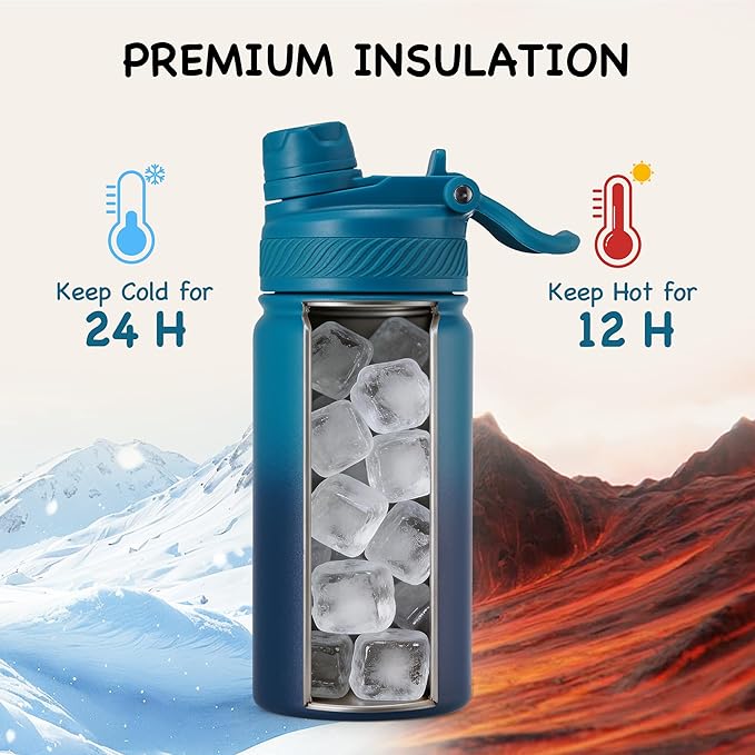 12 oz Kids Water Bottle, 2-in-1 Stainless Steel Vacuum Insulated Water Bottle for Toddler, Leak Proof Spout & Straw, Double Wall Thermal Flask for Boys&Girls, School, Outdoor, Travel (Gradient Blue)