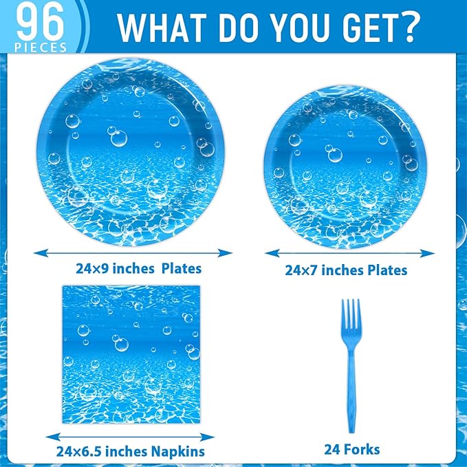 96Pcs Ocean Theme Party Plates and Napkins for Under the Sea Bubbles Birthday Party Supplies Underwater Paper Dessert Cake Plates Ocean Tableware Set for Kids Boys 24 Guests Birthday Party Decorations