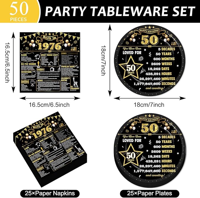 CHUNNIN 50Pcs 50th Birthday Plates and Napkins Back in 1976 Party Decorations Black Gold 50 Year Old Party Dessert Plates 1976 Disposable Tableware for 50th Theme Men Woman Birthday Supplies