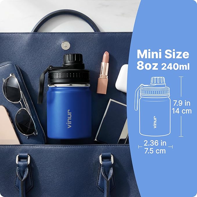 Vinur Kids Water Bottle 8 oz-Small Insulated Water Bottle for Lunchbox & Backpacks-Stainless Steel Vacuum Leak Proof Travel Flask for Girls, Boys, Navy