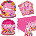 Candyland Party Decorations - 81Pcs Plates, Napkins, Candy Tablecloth, Pink Forks Set for Lollipop Theme Birthday Party Decorations Candy Theme Party Supplies, Serve 20