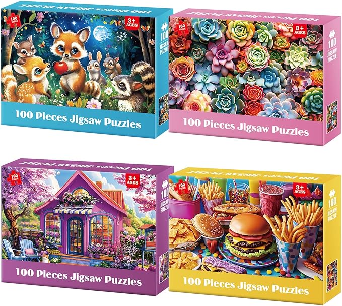 4 Packs 100 Piece Puzzles for Adults - Forest Animals, Flower Shop, Succulents, Hamburgers Large Piece Puzzles for Seniors Adults Jigsaw Puzzle for Kids Ages 6-8 8-10 Learning Educational Puzzles Gift