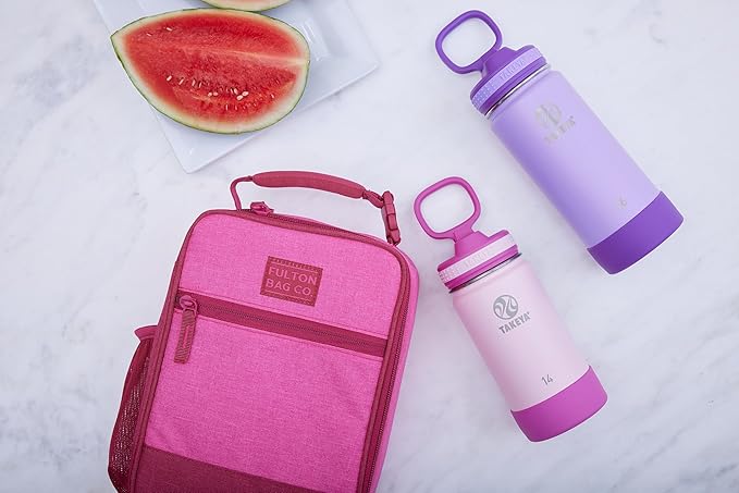 Takeya Actives Kids Water Bottle 16 oz Stainless Steel Double Wall Insulation BPA-Free Leakproof Straw Lid Easy Carry Handle Reusable Ideal for Boys and Girls, School, Sports - Lilac / Ultra Violet