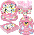 Pink Cartoon Puppy Themed Party Supplies for 24 Guests,Pink Dog Birthday Decorations Disposable Tableware Set With Plates, Cups, Napkins & Cutlery For Kids Child Themed Birthday Party