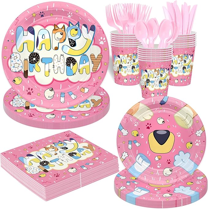 Pink Cartoon Puppy Themed Party Supplies for 24 Guests,Pink Dog Birthday Decorations Disposable Tableware Set With Plates, Cups, Napkins & Cutlery For Kids Child Themed Birthday Party