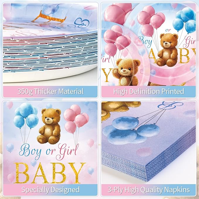 40 Pcs Gender Reveal Decorations - Boy or Girl Plates and Napkins Set, Pink and Blue Baby Bear Paper Plates Napkins Disposable Tableware for Gender Reveal Party Supplies Table Decor Favors, Serve 20