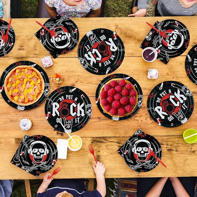 96Pcs Rock and Roll Party Decorations He Put A Rock On It Plates and Napkins Rock N Roll Tableware Sets for Boys Girls Bachelor Rockstar Guitar Music Theme Born to Rock Party Decorations Supplies