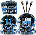 Qyeahkj 100 Pcs 11th Birthday Decorations for Boys Official Teen Supplies Plate Napkin Forks Set Disposable Blue 11th Birthday Tableware Paper Plates Dinnerware for Kids Teenager Favors Serve 25