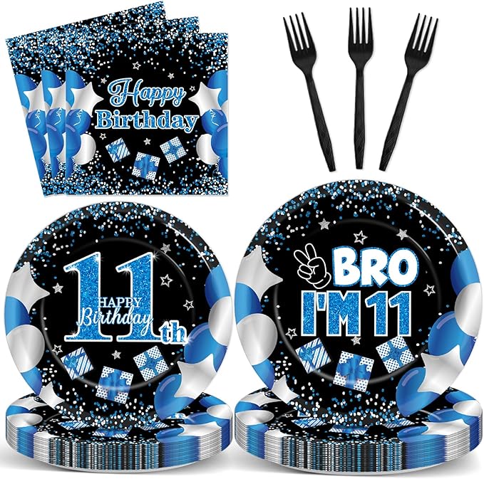 Qyeahkj 100 Pcs 11th Birthday Decorations for Boys Official Teen Supplies Plate Napkin Forks Set Disposable Blue 11th Birthday Tableware Paper Plates Dinnerware for Kids Teenager Favors Serve 25