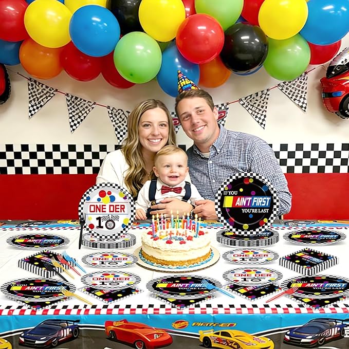 96 Pcs Race Car 1st Birthday Party Plates and Napkins Racing Cars First Birthday Decor Race Car One Year Old Dessert Cake Plates Racing Cars Theme Tableware Set for Kids Boy Party Decor 24 Guests