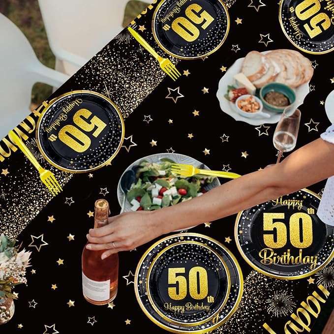 50th Birthday Decorations for Women and Men - 81 Pcs Plates Napkins 50th Tablecloth Forks Set Black and Gold Party Decorations Serve 20