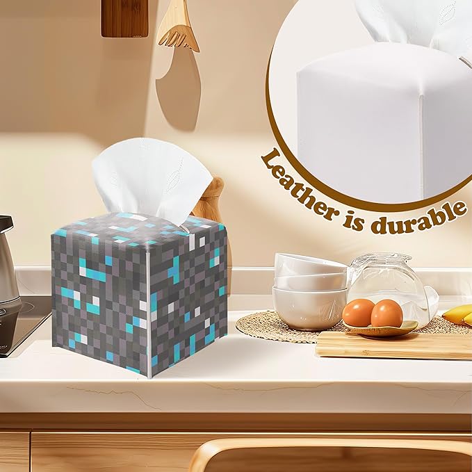 Pixel Diamond Ore Square Leather Tissue Box Cover – Gaming Themed Facial Paper Organizer, Fun Birthday Gift for Kids & Gamers, Decorative Bathroom, Bedroom & Game Room Decor