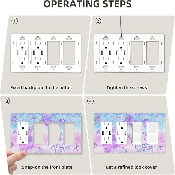 Purple Mermaid Tail Scales 4 Gang Quad Rocker/GFCI/Decorator Light Switch Cover Plate Decorative Electric Faceplate Decorative Switchplate Screwless