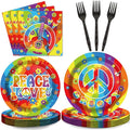 96 PCS 60’s Party Hippie Tableware Set Groovy Plates Napkins 60s Hippie Themed Decorations Peace Love Tie Dye Style 70s Disposable Paper Tableware Birthday Party Supplies Favor for 24 Guests