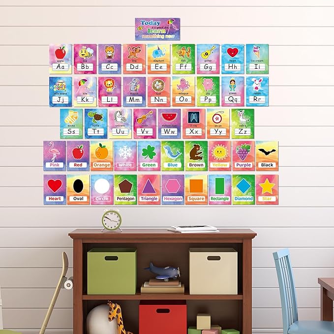58 Pieces Educational Preschool Cards Kids Early Learning Poster Alphabet Number Colors and Shapes Bulletin Board Decoration Kindergarten Classroom Learning Card with Glue Point Dot (Watercolor Style)