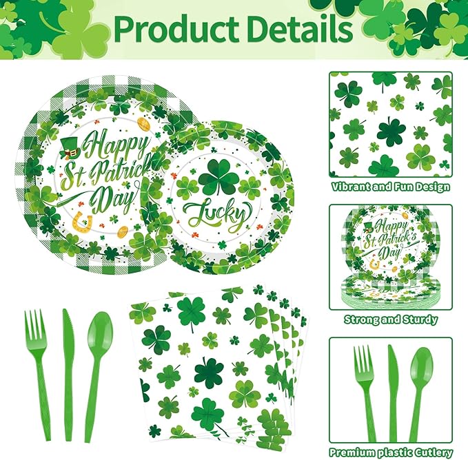 175 Pcs St. Patrick's Day Tableware Set - Serves 25, Green Lucky Shamrock and Plaid Disposable Plates, Cups, Napkins, Forks, Spoons, Knives for St. Paddy's Day, Irish-Themed Birthday Party Supplies