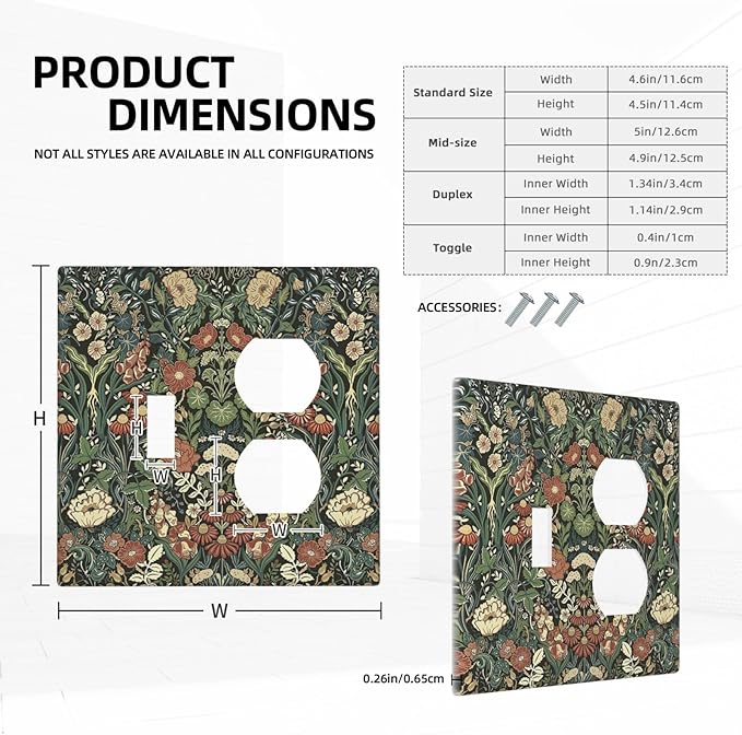 Wallplates Vintage Dark Floral William Morris Green Flower 1 Toggle 1 Duplex Switch Plate Electrical GFCI Faceplate Decorative Light Switch Covers for living Room Home Decor