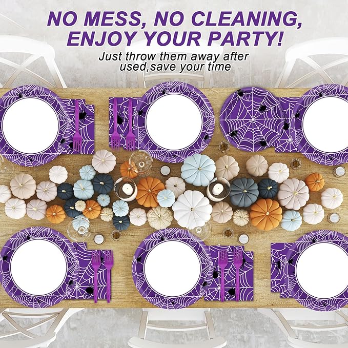 Qyeahkj 100 Pcs Halloween Birthday Party Supplies Paper Plates and Napkins Set Disposable Spider Web Tableware Decorations for Halloween Theme Baby Shower Serves 25