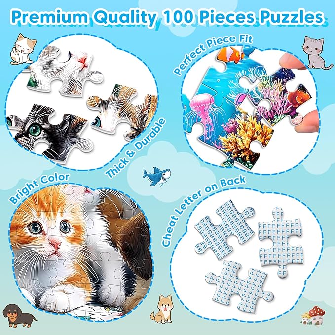 4 Packs 100 Piece Puzzles for Kids Ages 4-6 6-8 8-10, Cats Dogs Sea World Mushroom Large Piece Puzzle for Seniors 100 Pieces Adults Jigsaw Puzzle Learning Educational Xmas Toys for Boys and Girls