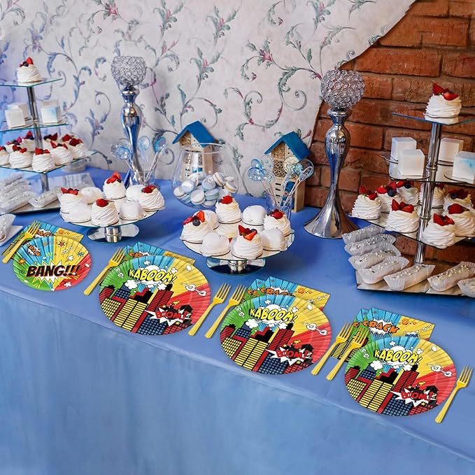 gisgfim 96 Pcs Super Theme Hero Party Plates and Napkins Party Supplies Hero Themed Party Tableware Set Hero Action Disposable Decorations Favors for Birthday Baby Shower for 24 Guests