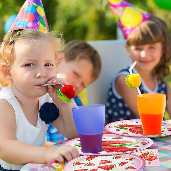 96 Pcs Watermelon Birthday Party Plates Napkins Forks Supplies Tableware Set Disposable Table Watermelon Theme Decoration for Girl Birthday Party or Summer Party, Serves 24 Guests