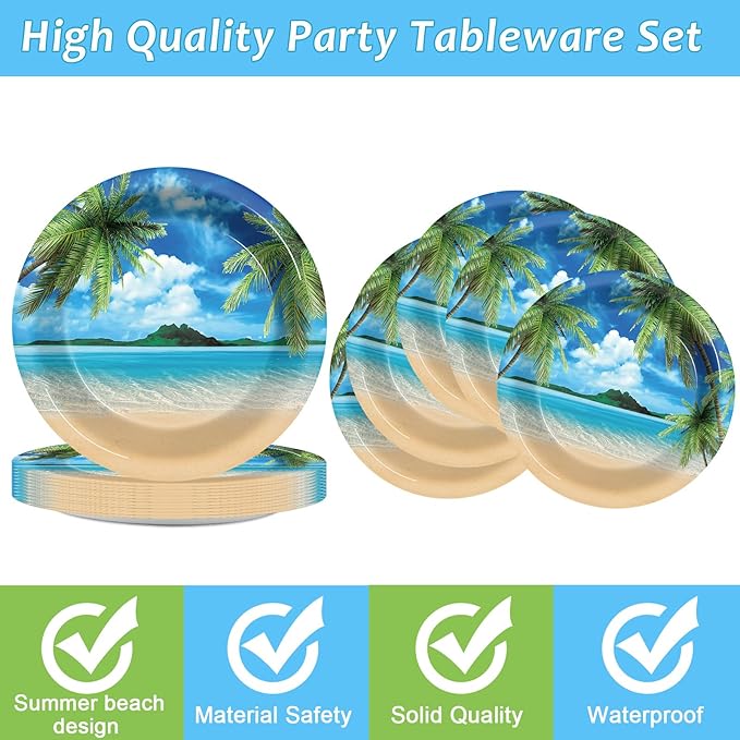 96Pcs Beach Party Plates and Napkins for Summer Tropical Birthday Party Supplies Hawaiian Beach Ocean Paper Dessert Plates Hawaiian Tropical Tableware Set for Kids 24 Guests Birthday Decorations