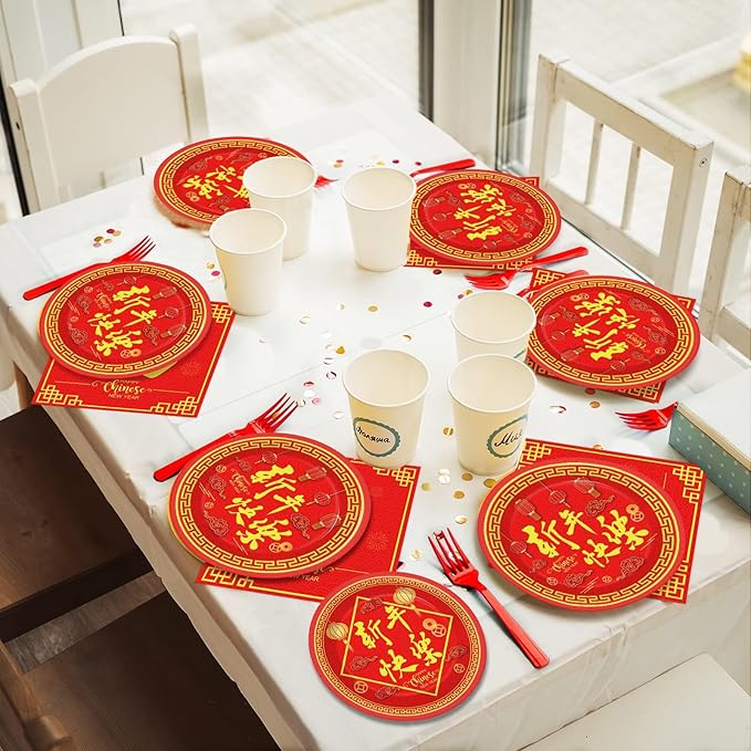 Wiooffen 96 Pcs Chinese New Year Party Plates Napkins Tableware Set Happy 2026 Horse Year Supplies Disposable Dinnerware Spring Festival Decoration Favors for Chinese New Year Eve, 24 Guests