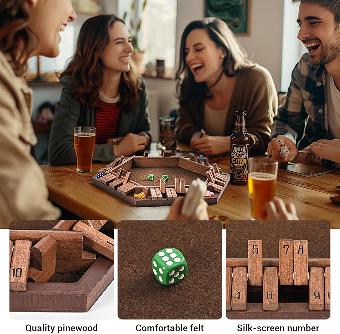 ropoda 6-Way Shut The Box Game-Upgraded 1-6 Player Wooden Dice Game for Adults and Kids, Addition Training, Fun for Family Game Night-Vintage Style