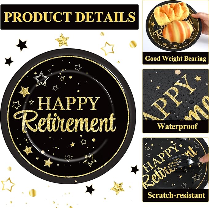 48Pcs Happy Retirement Paper Plates and Napkins Retirement Party Decorations Farewell Black and Gold Party Supplies Disposable Dinnerware Dessert Plates for Birthday Graduation Women Men Serves 24
