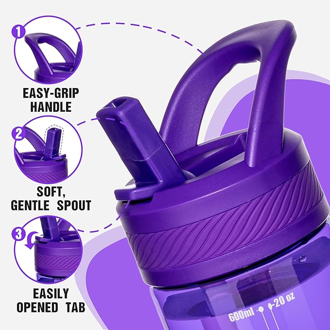 OLDLEY 20 kids Water Bottle with Straw,Tritan BPA-Free,Leak-Proof Design for Travel,Home, School, (Deep Purple)