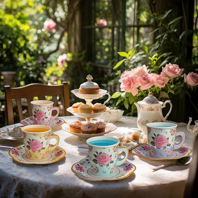 Umigy 36 Sets Mother's Day Tea Party Decorations 9 oz Floral Paper Teacups & Saucer Set for Girls Women Tea Parties Mothers Day Bridal Shower Wedding Birthday Party Decorations(Gradient Mixed Color)