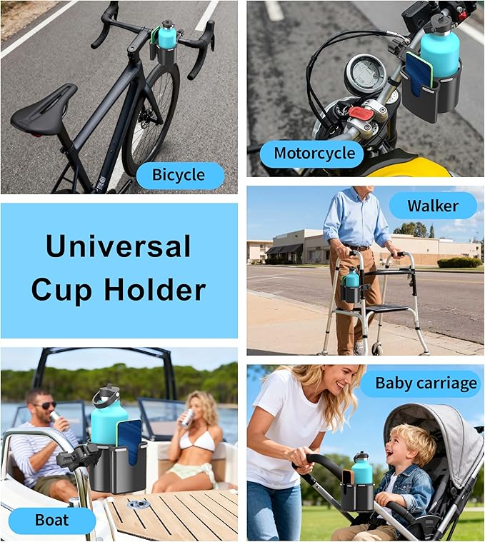 Universal Clamp-on 2-in-1 Cup Holder & Phone Holder for Stroller, Walker, Wheelchair, Fits 12oz-40oz Drinks, Multifunctional Storage Organizer