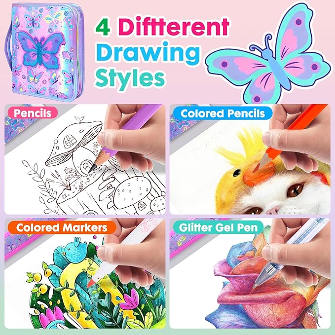 YOYTOO Washable Markers Set with Glitter Pencil Case, Art Supplies for Kids Ages 4-6-8, Arts Crafts Travel Coloring Kit for Girls 4 5 6 7 8 Year Old Birthday Gifts