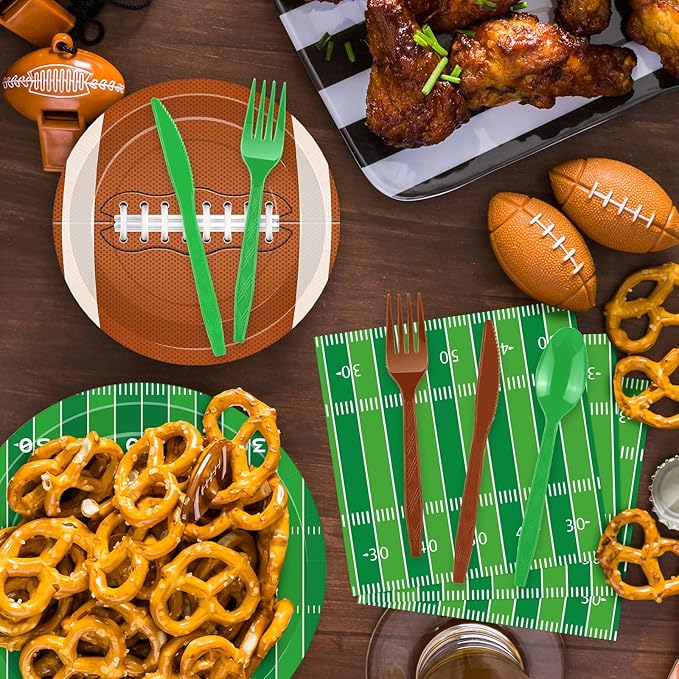 175 Pcs Football Tableware Set - Serves 25, Football Themed Disposable Plates, Cups, Napkins, Forks, Spoons, Knives for Game Events Birthday Party Supplies, Sports Holiday Gathering