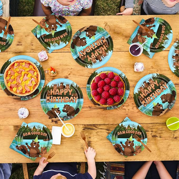 96Pcs Beaver Birthday Party Supplies Cute Cartoon Beaver Plates and Napkins Brown Wild Animal Disposable Tableware Sets for Kids Baby Shower Birthday Castor Jungle Animal Party Decorations, Serves 24